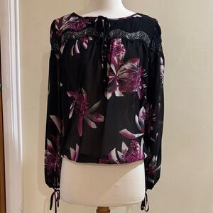 GUESS Black Floral Lace-Trim Sheer Peasant Blouse
